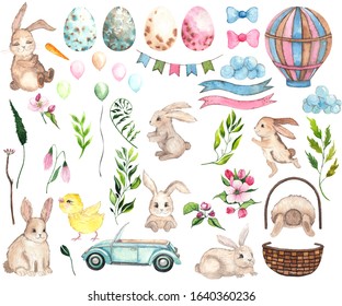 Watercolor Easter elements: Easter bunnies, eggs, basket, balloon, car, flags, delicate pink Apple blossoms, branches, leaves and twigs