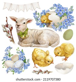 Watercolor Easter Elements Collection.Eggs And Blue Flowers, Baby Chick Bird, White Lamb. Spring Easter Postcard Illustration.Farmhouse, Countryside Clipart Set.