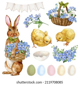 Watercolor Easter Elements Collection.Eggs And Blue Flowers, Baby Chick Bird,Bunny With Floral Basket. Spring Easter Postcard Illustration.Farmhouse, Countryside  Clipart.