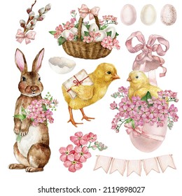 Watercolor easter elements collection Eggs   pink flowers  baby chick bird  basket  bunny  Spring easter postcard illustration Farmhouse  countryside clipart set 
