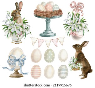 Watercolor easter elements collection.Eggs and snowdrops flower, bunny. Spring easter postcard illustration.Farmhouse, countryside clipart set.