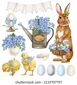 Watercolor Easter Elements Collection.White Egg And Blue Flowers, Baby Chick Bird,vintage Water Can,Bunny With Basket. Spring Easter Postcard Illustration.Farmhouse, Countryside  Clipart.