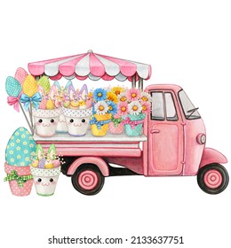 Watercolor easter floral market truck