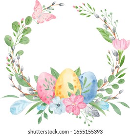 Watercolor Easter floral wreath with eggs and butterfly. Spring flowers. Hand painted watercolor illustration. Floral Easter vignette. Hand drawn holiday background. Rounded frame.