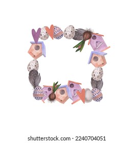 Watercolor Easter frame of hyacinth, envelope with snowdrops, eggs, bird houses and colorfu lhearts. Hand drawn illustration isolated on white background. For your design, menu, shop window.