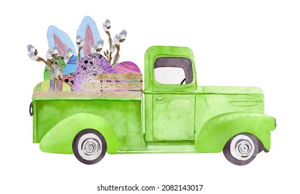 Watercolor Easter Green Retro Truck Illustration With Eggs And Willow. Old Car For Easter Card Making