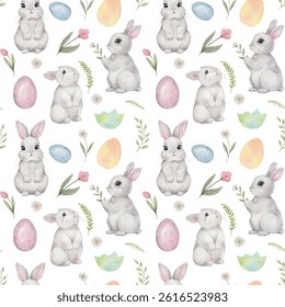 Watercolor Easter pattern with cute rabbit 