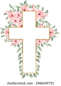 Watercolor Easter Pink flowers Cross Clipart  Delicate Peony Florals Frame Clip art  Hand painted Pink Baptism Crosses  Wedding Invites  new baby girl  Holy Spirit illustration  greenery cross