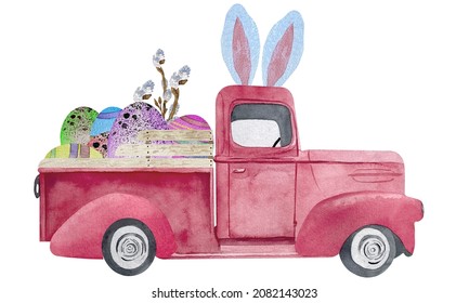 Watercolor Easter Retro Pink Truck Illustration With Eggs And Willow. Old Car For Easter Card Making