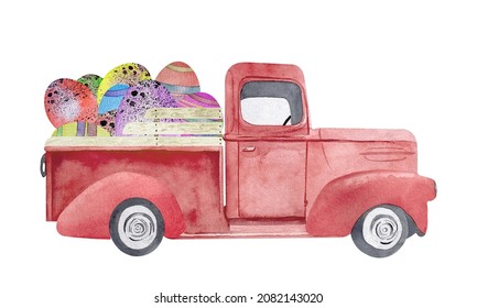 Watercolor Easter Retro Red Retro Truck Illustration With Eggs. Old Car Illustration For Easter Card Making