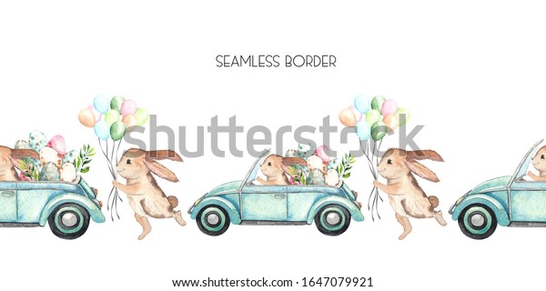 Watercolor Easter seamless border with Easter\
bunnies, eggs, basket, balloon, car, flags, delicate pink Apple\
blossoms, branches, leaves and\
twigs