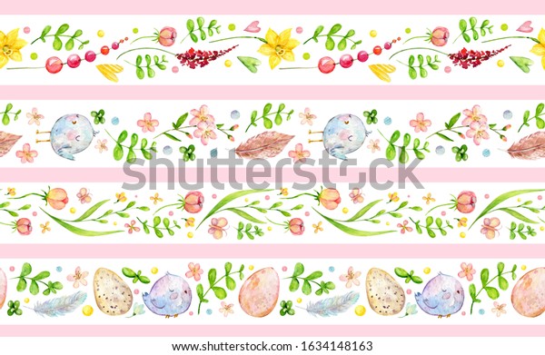 Watercolor Easter seamless border patterns. Endless\
washi tape (means paper tape), masking tape, sticky, dividers,\
pattern board. Floral seamless border and ribbons. Spring flowers,\
ester eggs,\
birds