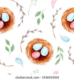Watercolor Easter seamless paper with nest, willow twigs and feathers.