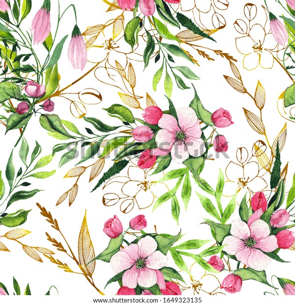 Watercolor Easter seamless pattern with Easter\
bunnies, eggs, basket, balloon, car, flags, delicate pink Apple\
blossoms, branches, leaves and\
twigs