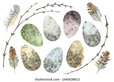 Watercolor Easter Set Of Isolated Elements - Easter Eggs, Branches, Feathers. Perfect For Scrap Booking, Easter Card Making