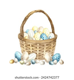 Watercolor Easter wicker brown basket with beautiful multi-colored Easter eggs. Hand drawn illustrations on isolated background for greeting cards, invitations, happy holidays, posters - Powered by Shutterstock