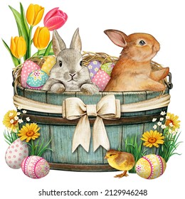 Watercolor easter wooden bucket with bunnies, chicken and decorated eggs