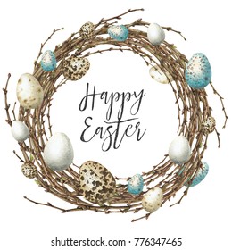Watercolor Easter wreath with colorful eggs