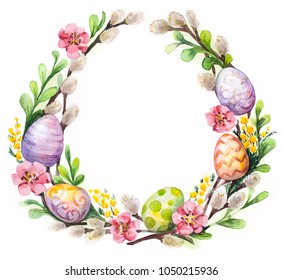 Watercolor Easter wreath with easter eggs and flowers