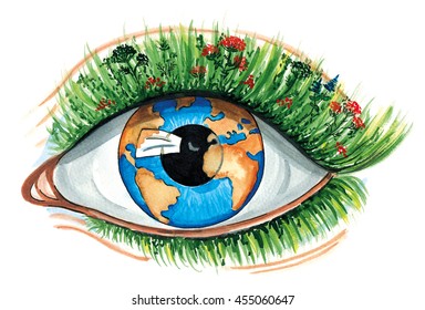Watercolor Eco Concept, conservation of the environment, ecology, resources of the planet. Eye, a pupil in the form of the Earth globe, eyelid like soil on which grass herbs, plants, flowers eyelashes