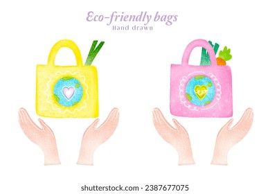 Watercolor eco-friendly shopping bag Illustration. Hand-drawn reusable bag with vegetables. Two hands and a cloth bag in the concept of campaigning for the use of cloth bags. Bring your own bag - Powered by Shutterstock