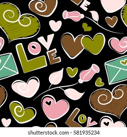 Watercolor effect illustration. Seamless pattern with decorative summer flower, hearts and love text in pink and green colors over black backdrop.