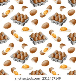 Watercolor eggs seamless pattern. Hand drawn package with fresh brown eggs, yolk and glair isolated on white background. Cooking ingredient repeated design. Healthy farm market product illustration