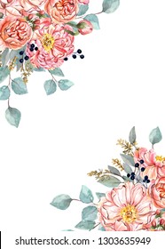 Watercolor Elegant Coral Peonies Roses Seeded Stock Illustration 1303635967