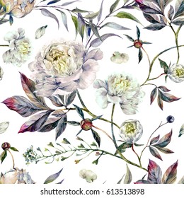 Watercolor Elegant Seamless Pattern Made Of White Peonies, Meadow Plants And Foliage. Botanical Illustration. Vintage Style Decoration Isolated On White Background.