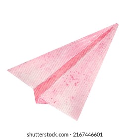 Watercolor element, pink paper plane isolated on white background. Element for various products, cards, greeting, love day, etc.
