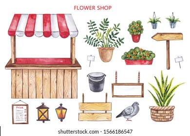 Watercolor elements on a white background. A street tent, potted plants, signs, a dove - all that is needed to decorate a flower stall.