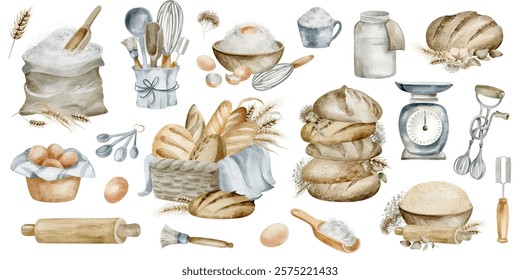 Watercolor elements utensils, baking, bread and food tools. Drawing  home cooking for bakery, eatery. Suitable for culinary projects, marketing materials.