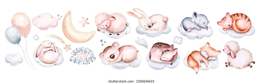 Watercolor elephant animal illustration of a cute baby sheep, lamb, sleeping rabbit and bunny, koala and deer fawn on the moon and the cloud. Baby Shower fox nursery Theme Invitation. - Powered by Shutterstock