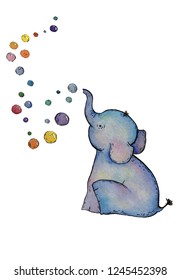 Watercolor elephant with bubbles, isolated elements on white background. Watercolor illustration is good for children clothes, posters, books, postcards, packaging etc.