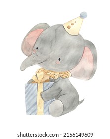 Watercolor Elephant With Gift Illustration For Kids