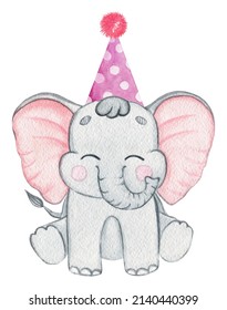 Watercolor Elephant In Pink Party Hat Isolated On White Background. Hand Drawn Baby Animal Illustration