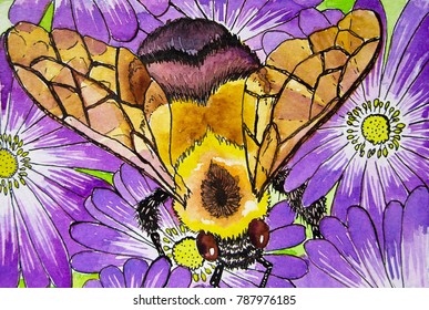 Watercolor Endangered Rusty Patched Bumblebee On Purple Spring Flowers Illustration 