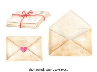 Watercolor envelope drawing set. Hand painted craft paper letters illustration. Vintage postal clipart isolated on white background. Love mail, pile of old enevlopes, romantic design elements