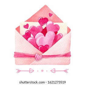 Watercolor Envelope With Letter.  Love Letter With Lovely Hearts, Pink, Purple. Happy Valentine`s Day!