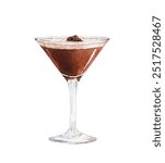 Watercolor espresso martini illustration. Alcohol long drink clipart. Glass of cocktail. Club shake beverage hand drawn illustration. Stock print.