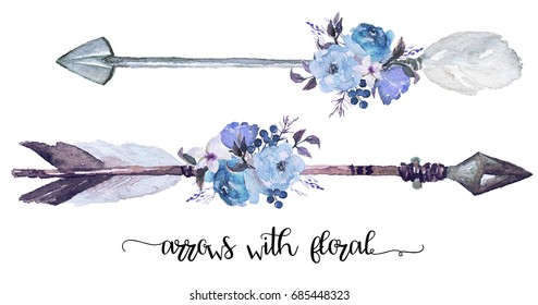 Watercolor ethnic boho set of arrows, feathers and flowers (morning glory, bluebird, lilac, rose, summer blue), native american tribe decoration element, tribal navajo isolated bohemian illustration.