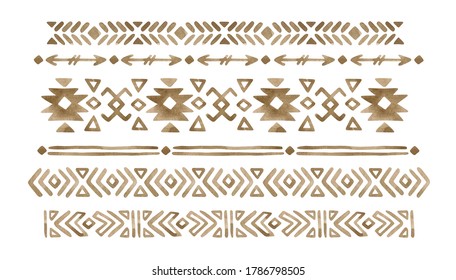 Watercolor ethnic border. Geometric elements. Abstract folklore ornament. Striped pattern in Aztec style. Figure tribal embroidery.