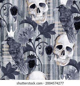 Watercolor ethnic seamless pattern with paisley flowers and skull, raven. Gothic floral print for wrapping, wallpaper, fabric