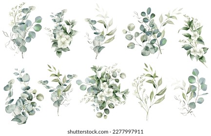 Watercolor eucalyptus bouquet set. Greenery branches and jasmine flowers clipart. Green foliage arrangement for wedding, stationery, invitations, cards. Illustration isolated on transparent background
