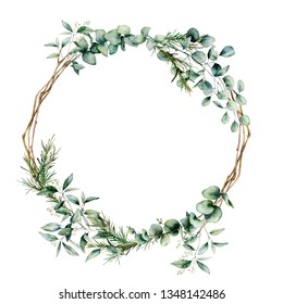 Watercolor eucalyptus branch wreath. Hand painted eucalyptus branch and leaves isolated on white background. Floral illustration for design, print, fabric or background