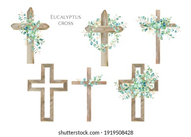 Watercolor Eucalyptus Cross, Wood Cross, Baptism, Floral Clipart, First Communion, Holy Spirit, Florals Arrangements, Easter Cross