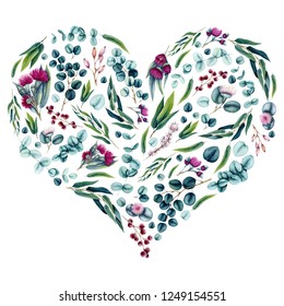 Watercolor Eucalyptus Leaves and Flowers and Heart Shape. Wedding or Valentine's Day Design - Powered by Shutterstock