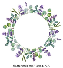 Watercolor Eucalyptus Leaves And Purple Lavender Flower. Botanical Wreath, Greenery Branches. Rustic Design. Round Template. Wedding Invitation. Floral Wreath. Provence Illustration. Isolated On White