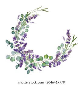Watercolor Eucalyptus Leaves And Purple Lavender Flower. Botanical Wreath, Greenery Branches. Rustic Design. Template. Wedding Invitation. Floral Wreath. Provence Illustration. Isolated On White