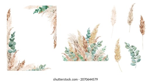 Watercolor Eucalyptus And Pampas Grass Set. Hand Painted Boho Floral Neutral Colors, Sage Green Border, Frame. Botanical Elements Isolated On White. Bohemian Style Wedding Invitation, Greeting, Card